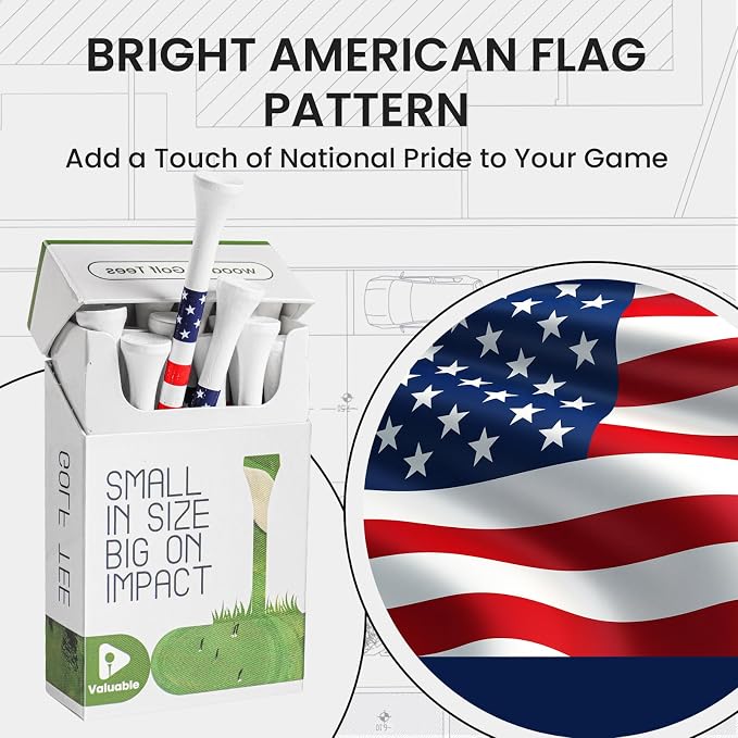 FINGER TEN Premium Bamboo Wood Golf Tees Unique Box Design 18-Pack Per Box Value 18/72/180 Pack, Wooden Tees in 2 3/4" 3 1/4" Durable for Golfers, USA Flag Design Pro Tee Choice