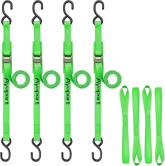 Ayaport Cam Buckle Tie Down Straps 10 feet 2200lbs Break Strength Green Securing Straps with S Hooks for Motorcycle, Kayak, Car, Truck, Dirt Bike