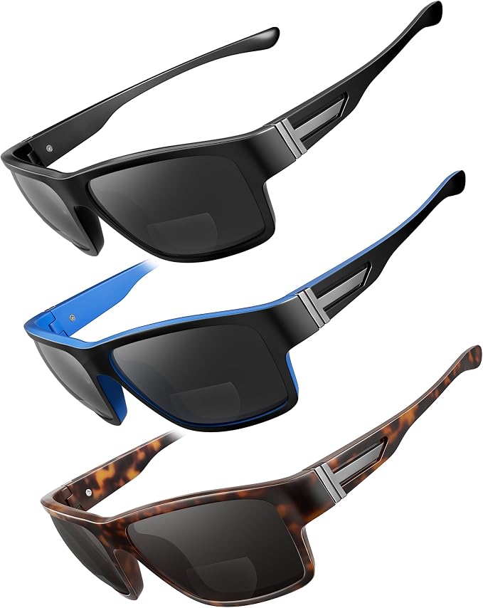 SKYOAK 3 PACK Evolved Unbreakable Bifocal Reading Sunglasses Men TR90 Frame Wrap Around Design Glasses UV 400 Protection Outdoor Sun Reader Sports/Driving (Black & Blue & Tortoise +2.5)