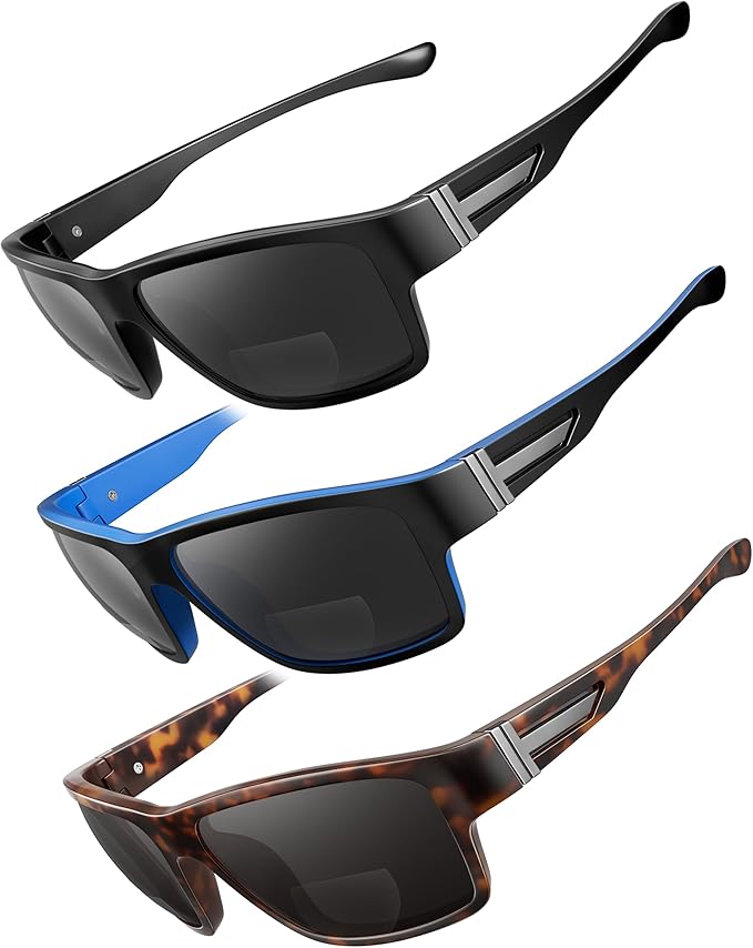 SKYOAK 3 PACK Evolved Unbreakable Bifocal Reading Sunglasses Men TR90 Frame Wrap Around Design Glasses UV 400 Protection Outdoor Sun Reader Sports/Driving (Black & Blue & Tortoise +2.0)