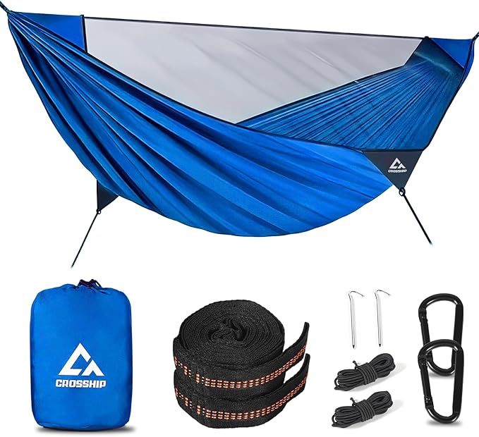 Camping Hammock with Mosquito Net – Portable Parachute Nylon Hammock Tent with Tree Straps, Camp Rope & Stake - for Hiking, Backpacking, Travel, Backyard, Beach – Holds Up to 500lbs (Blue)