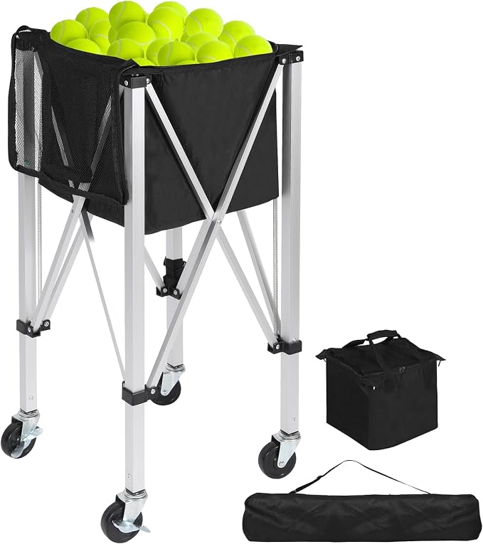 Portable Tennis Ball Hopper Holds 180 Balls, Tennis Ball Basket Cart with 4 Wheels & Brakes, Detachable Oxford Fabric Bag for Tennis and Pickleball Training, Black
