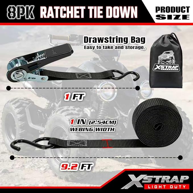 XSTRAP STANDARD 8-Pack Ratchet Tie Down Straps, 1" x 10ft, 900lb Break Strength Heavy Duty Straps for Motorcycles, ATVs, Lawn Equipment, Appliances & Truck Cargo - Black