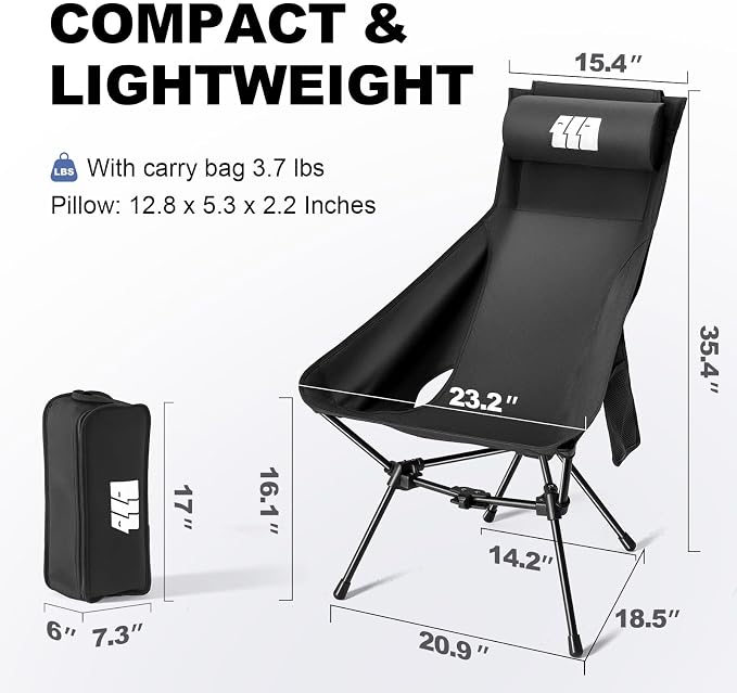 High Back Camping Chairs for Adults Heavy Duty, Portable Folding Camp Chair with Headrest & Side Pockets, Compact Backpacking Chair Supports 330 Lbs for Outdoor Travel Hiking Beach, Black