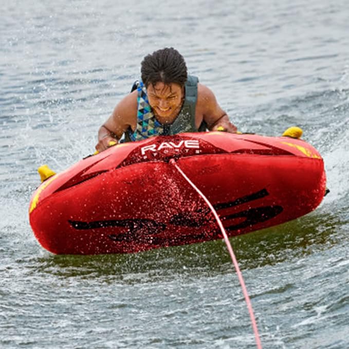 RAVE Sports Razor Inflatable Towable Tube, 1-2 Riders, Unique Skim-Fast Bottom Coating, Nylon Cover, Four Foam-Filled Reinforced Handles, Quick Connect Tow Point, Boat Tubes and Towables