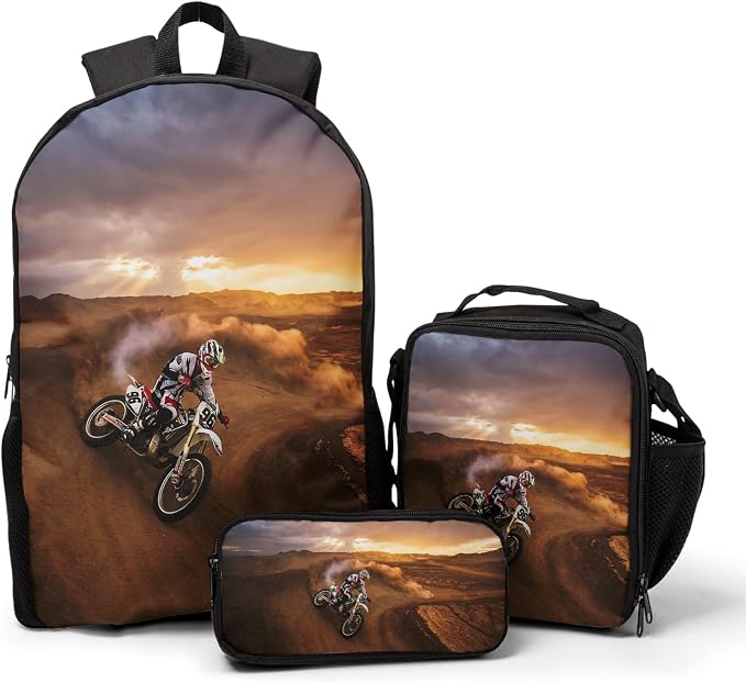 Giwawa Cool Dirt Bike Motocross School Backpacks for Teen Boys Motorcycle Vehicle in Desert Backpack School Bookbag Set Lunch Bag Pencil Case