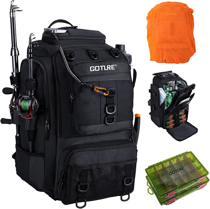 Goture 40L Fishing Tackle Backpack with Cooler Compartment Black, Water-Resistant Fishing Gear Bag & Rain Cover & 3600 Trays