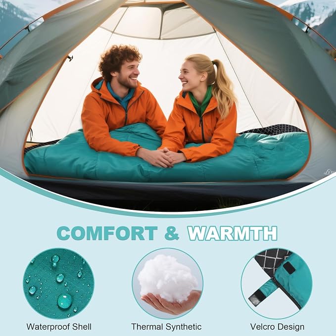 Cotton Flannel Double Sleeping Bag for Camping, Backpacking Or Hiking. Queen Size 2 Person Waterproof Sleeping Bag for Adults Or Teens. Lightweight with Compression Sack
