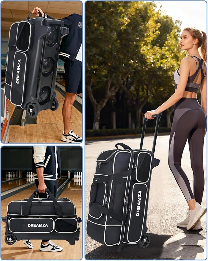 3 Ball Bowling Bags with Wheels & Shoe Pocket, Premium Bowling Ball Bag 3 Ball Roller, Effortless-Rolling 3 Ball Bowling Bag w/Multi-Storage Pockets & Telescopic Handle Extends to 40''