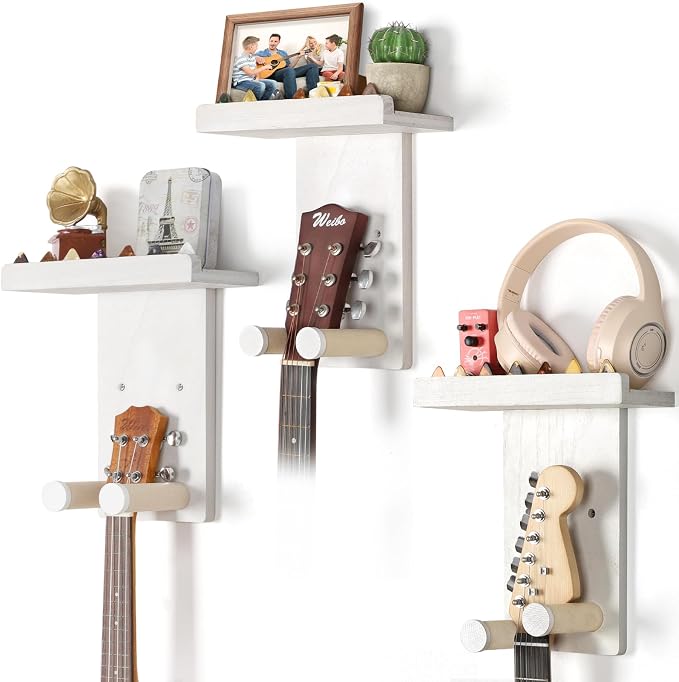 Keebofly Guitar Wall Mount 3-Pack - Rustic Wood Guitar Hanger with Pick Holder for Acoustic, Electric, Bass Guitars & Ukulele (Matte White, Screw-Mounted) [Patented]