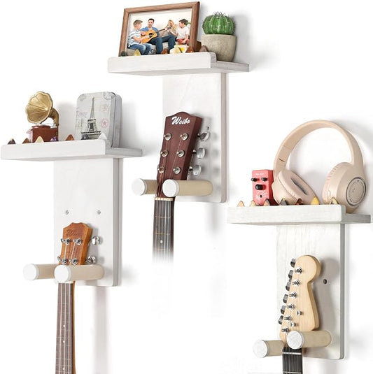 Keebofly Guitar Wall Mount 3-Pack - Rustic Wood Guitar Hanger with Pick Holder for Acoustic, Electric, Bass Guitars & Ukulele (Matte White, Screw-Mounted) [Patented]