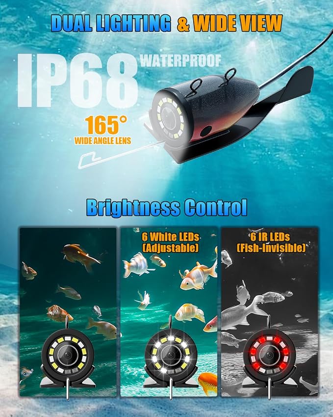 Underwater Fishing Camera, 4.3" IPS HD 1200TVL Fish Camera with 50ft Cable, 3X Zoom, 6 White & 6 IR LEDs for Kayak, Sea & River, 8500mAh Battery, Portable Underwater Camera for Fishing(Easy to Use)