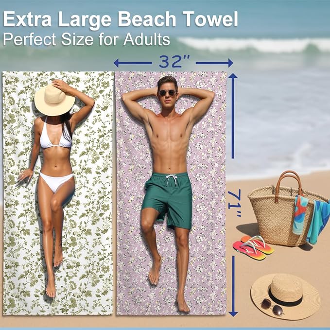 2 Pcs Microfiber Beach Towel Sand Free Quick Dry Oversized Vintage Floral Sage Green White Shabby Chic Lightweight Accessories for Adults Pool Travel Yoga Gym 71 x 32 Inches