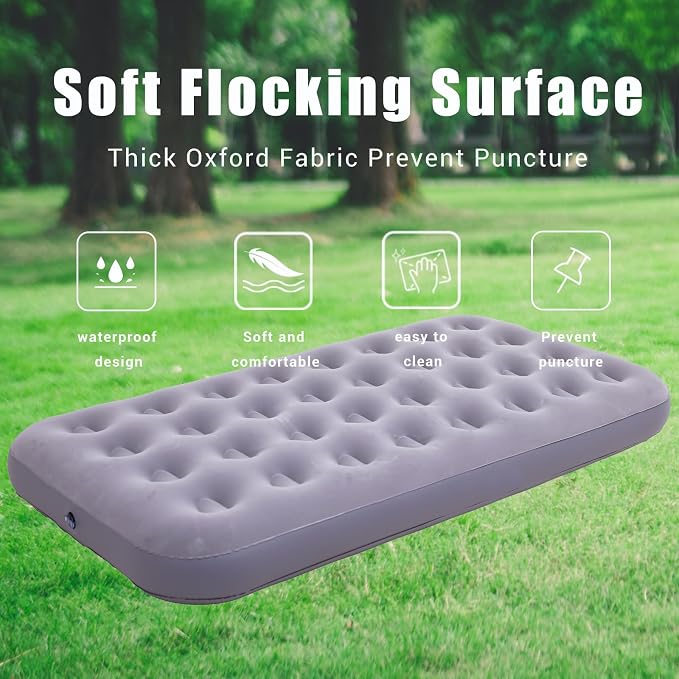 Onirii Twin Size Single Camping Air Mattress Bed with Air Pump | 75"x 39"Thickened Portable Inflatable Mattress Blow Up Air Mattress,Travel Sleeping Bed Pad for Camping Home Hiking(Gray)