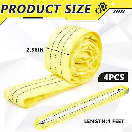 Fabbay 4 Pcs 4 Feet Heavy Duty Polyester Endless Loop Round Lift Slings Lifting Straps for Hoist Towing Moving Furniture Rigging Equipment, 8400 LB Vertical 6700 LB Choker 16800 LBs Basket(Yellow)
