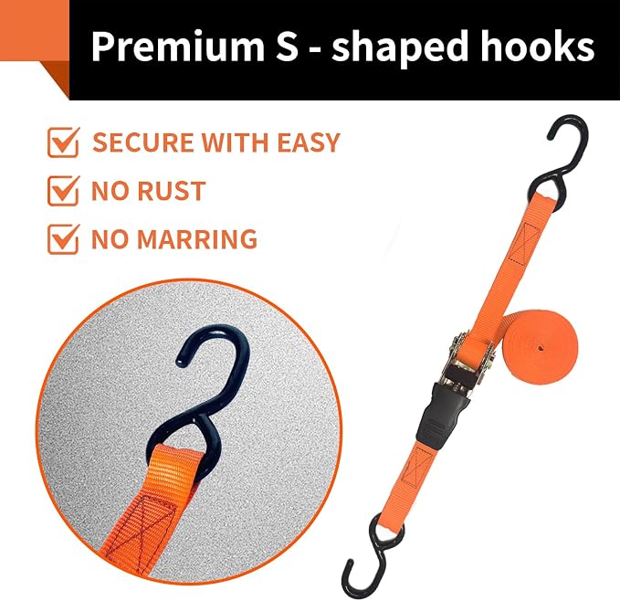 8 Pack Ratchet Strap 1 inch 15 Ft - 880 lbs Load Cap with 1760 lbs Breaking Limit, Heavy Duty Tie Down Straps for Truck, Cargo Trailer, Motorcycle, Rad & More