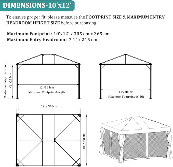 10x12ft Replacement Mosquito Netting, Universal Gazebo Netting with Zippers for Outdoor Garden Patio Gazebo 4-Panel Screen Sidewalls, Black (Mosquito Net Only)