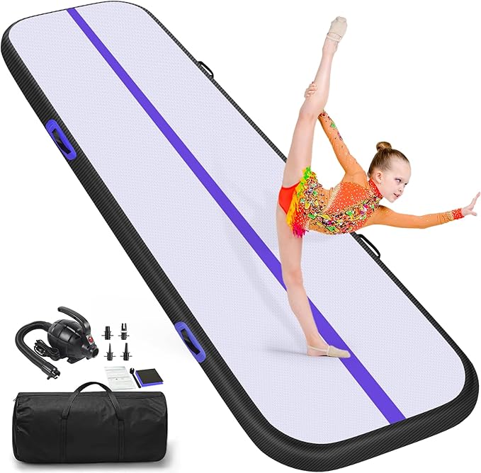 Air Gymnastics Tumbling Mat, 6.6ft/10ft/13ft/16ft/20ft Inflatable Track Mat for Home/Outdoor Training, 4/8 inch Thick Gym Mat with Electric Pump for Kids & Adults