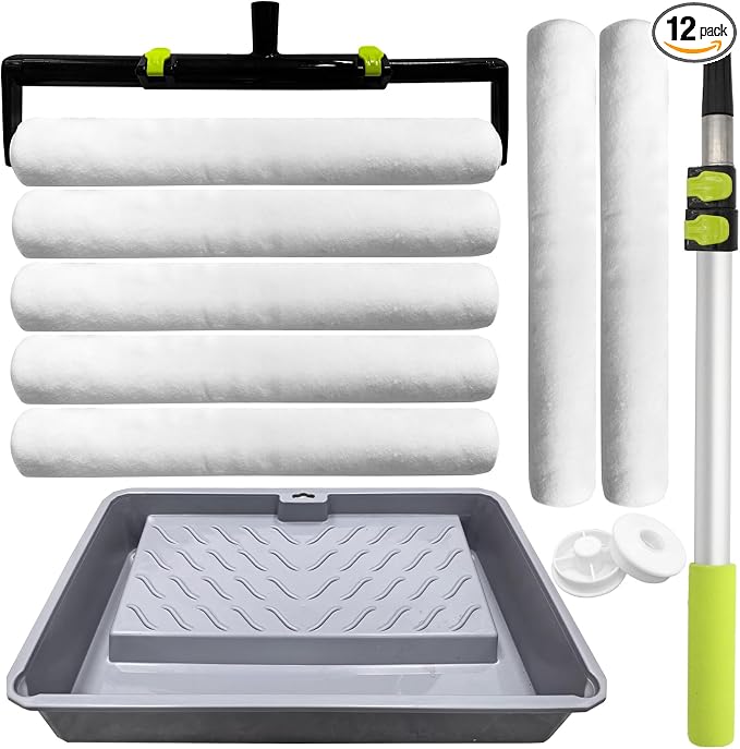 18-inch Paint Roller Kit, 7 Rollers + 24-inch Paint Roller Tray, 18 "Ultra-fine Fiber Paint Rollers, Paint Extension Rods, Suitable for DIY Interior and Exterior Walls, Rooms