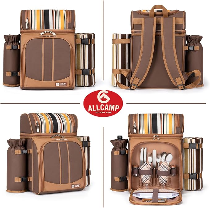 ALLCAMP Picnic Backpack - Insulated Cooler Bag with Compartment, Detachable Wine Glass Holder, Throw Blanket & Cutlery Set,2 Person Picnic Set for Family Outings, Couple Gifts (Brown)