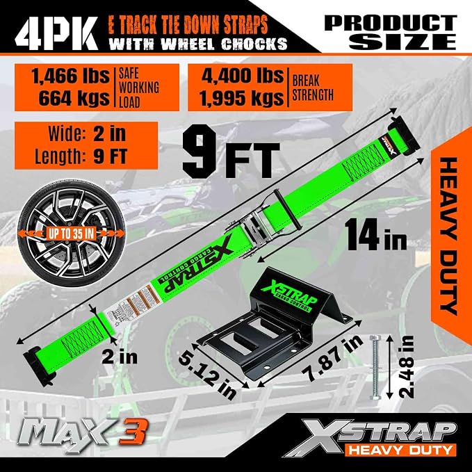 XSTRAP STANDARD Wheel Chock E-Track Tie Down Straps Kit, 4 Pack 2” x 9FT Over-The-Tire Ratchet Straps with Steel Wheel Chocks, 1466 lbs WLL for ATV, UTV, Lawn Mower, Trailer Hauling, Green