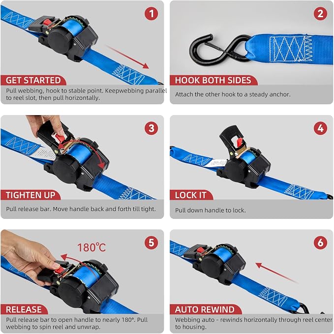 Retractable Ratchet Tie-Down Straps 1800 lbs, 1in × 10ft Auto Retract Cargo Straps with Zinc S-Hooks, Self-Retracting Tie Downs for Trucks, Roof Racks & Trailers, 2 Pack, Blue