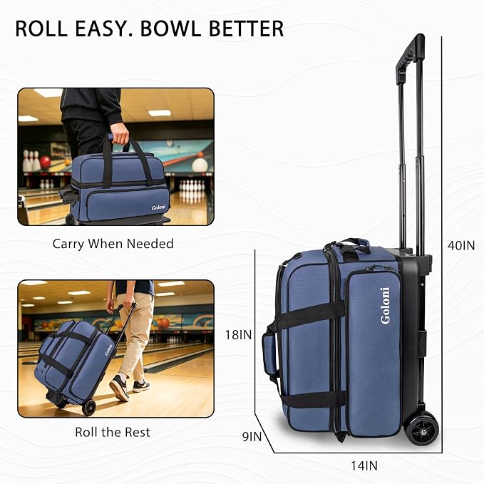 Goloni Double Roller 2 Ball Bowling Bag with Separate Shoe Compartment,2 Ball Bowling Bag with Wheels,Retractable Handle Extends to 40"