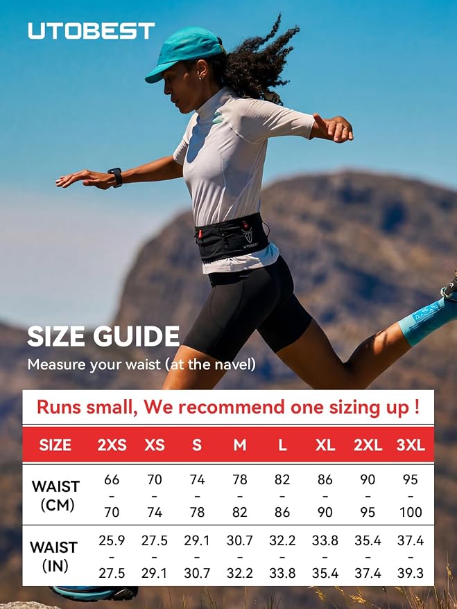 UTOBEST Running Belt for Men & Women, Bounce-Free Running Waist Pack Fits All Phones, 4-Pocket No Zipper Trail Running Belt Fits 500ml Soft Flask, Pole Carry Straps for Race, Trail (B7 Pro-Black, M)