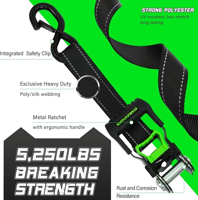 Motorcycle Tie Down Strap (4PK 1.5INX8FT) - 5,250lb Break Strength, Ratchet Straps Heavy Duty, Soft Loop Ratchet Straps for Moving Appliances, Lawn Equipment, Cargo Straps for Trucks