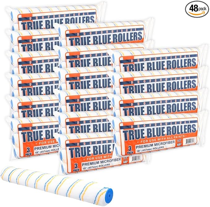 True Blue 18" Professional Paint Roller Covers, 18 Inch, Best for All Types of Painting Surfaces, Refill Bulk Pack (48, 1/2" Nap)