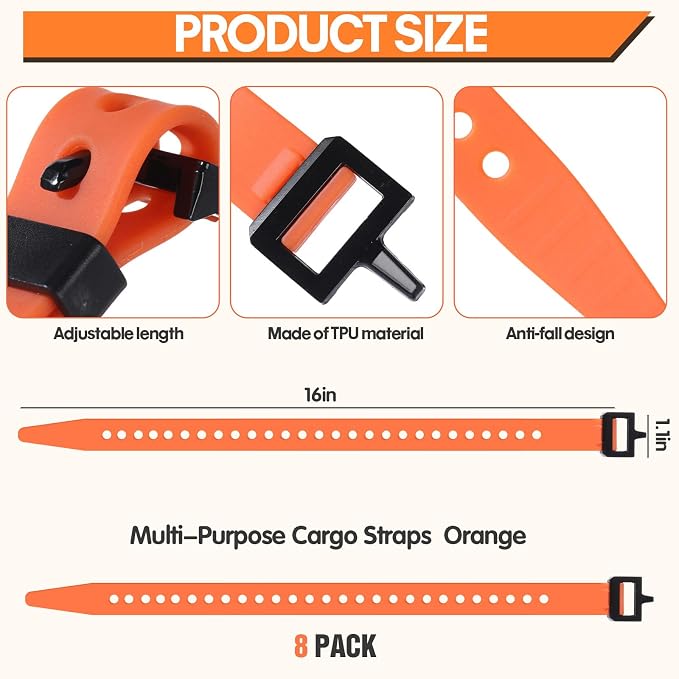 Blulu 8 Pack Reusable Industrial Straps 16" Length Reliable Tension Straps for Securing Bike Motor Gear -60 Lb. Working Load, Elastic Cable Ties for Welders Skis, Garden Hoses (Orange)