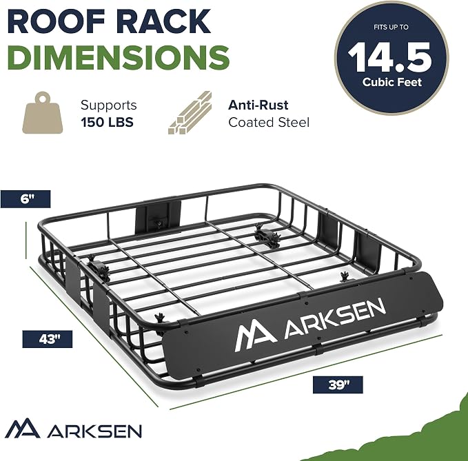 ARKSEN 43" x 39" x 6" Roof Rack Basket with Extension, 150 lb Heavy-Duty Steel Cargo Carrier, Fits Crossbars up to 1.38" Thick, for SUV & Pickup Truck