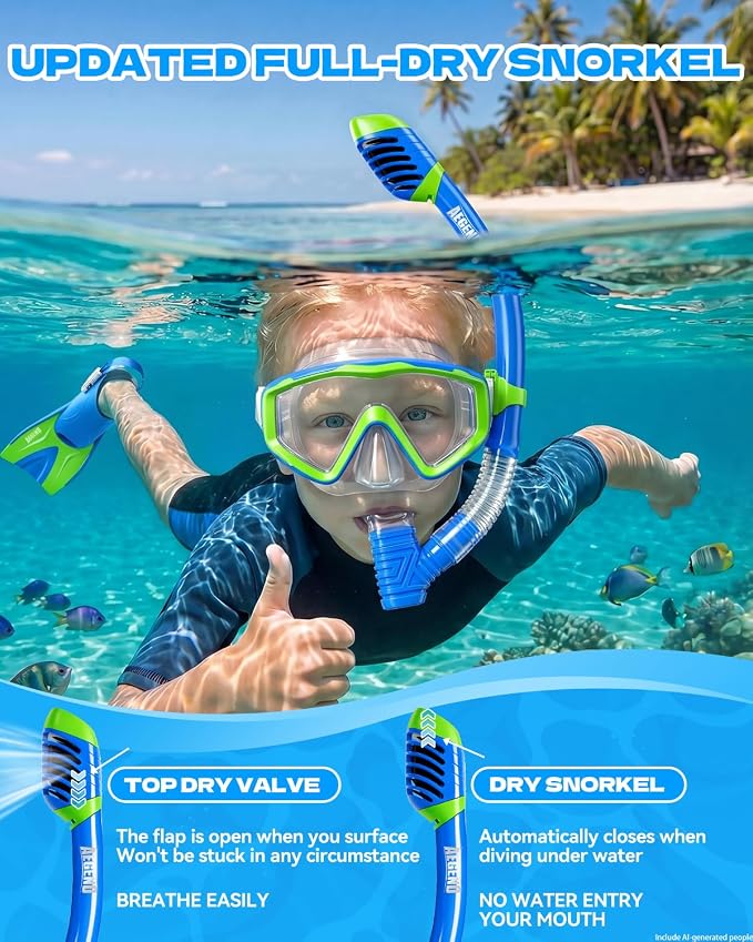 Aegend Snorkeling Gear for Kids Youth – 4-in-1 Snorkel Set with Anti-Fog Mask, Dry Snorkel & Adjustable Fins for Swimming, Diving, Snorkeling, Beach Vacation – Includes Travel Mesh Bag