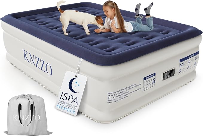 KNZZO Air Mattress Full with Built-in Pump, Blow Up Mattress with Soft Flocked Top, Leakproof Inflatable Mattress, Foldable Waterproof Air Bed for Home, Guests, Camping, with Storage Bag
