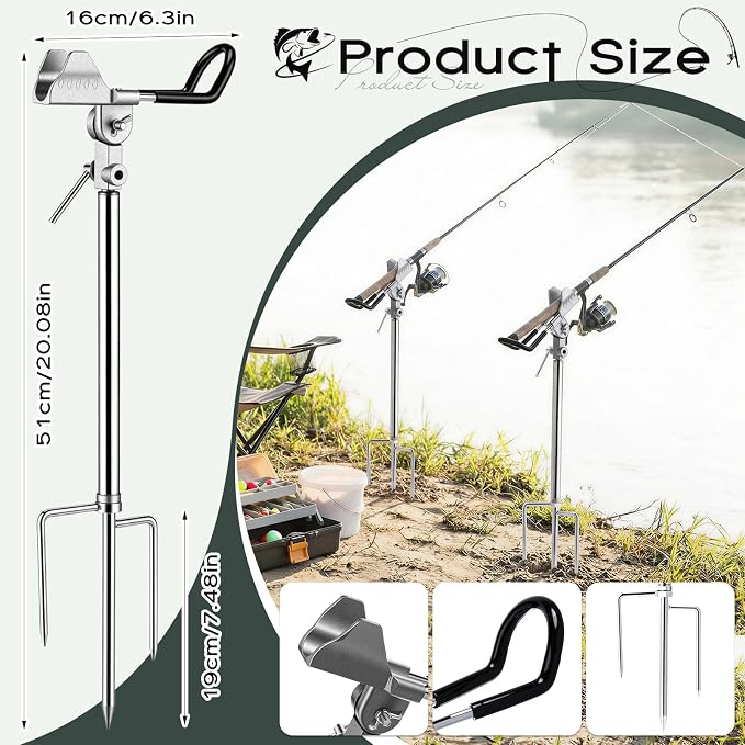 Lounsweer 4 Pcs Fishing Rod Holders 360 ° Adjustable Fishing Pole Holders Multifunctional Stainless Steel Ground Fish Rod Pole Brackets for Detachable Fish Equipment Lakes Rivers Gifts Men