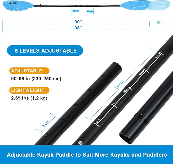 Leader Accessories Adjustable Kayak Paddle Boat Oar: Kayak Canoe Paddles 90-98 inch/230-250cm - Aluminum Floating Kayaking Fishing Oars with Paddle Leash for Adults Youth