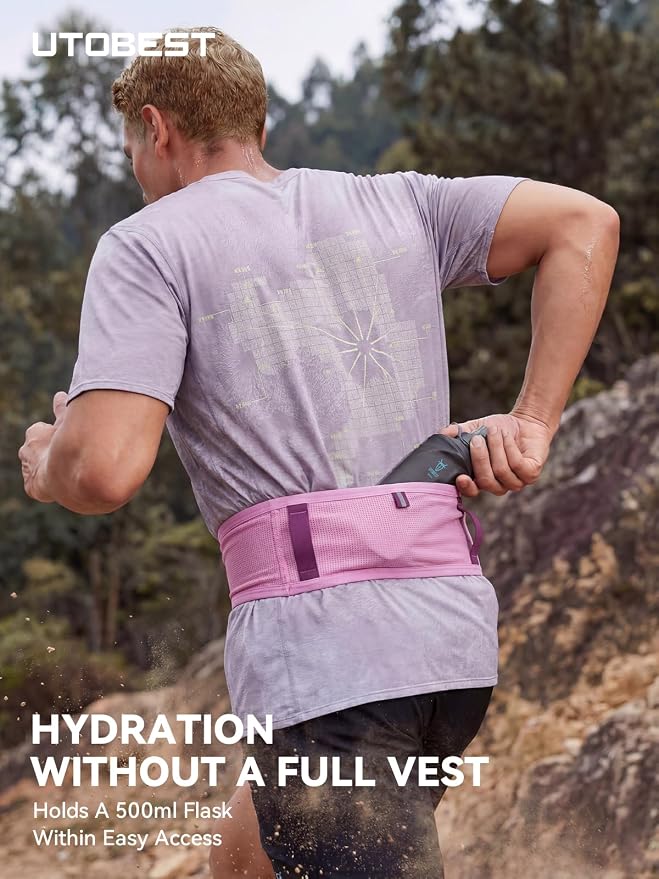 UTOBEST Running Belt for Men & Women, Bounce-Free Running Waist Pack Fits All Phones, 4-Pocket No Zipper Trail Running Belt Fits 500ml Soft Flask, Pole Carry Straps for Race, Trail (B7 Pro-Pink, M)