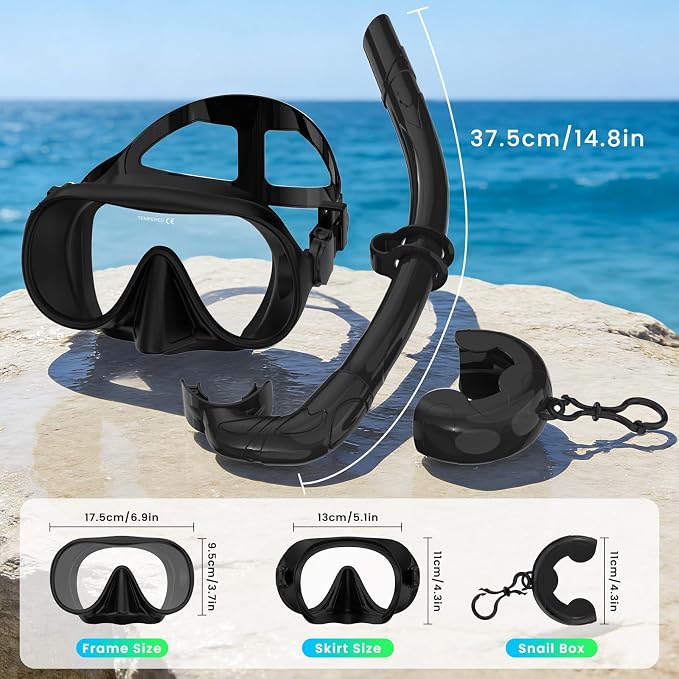 Snorkeling Gear for Adults, Snorkel Set Adult, Scuba Diving Mask, Panoramic View Anti-Leak Anti-Fog Dive Swimming Goggles Tempered Glass Panoramic Wide View Travel Portable Foldable