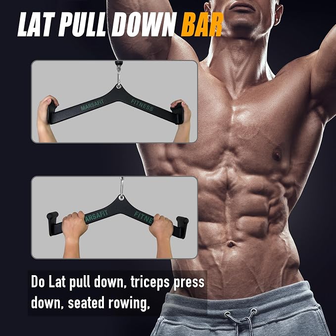 MARSAFIT Home Gym Fitness Rowing T-bar V-bar Pulley Cable Machine Attachment, Bicep Curl Tricep LAT pulldown Bar Back Strength Training Handle Grips LAT Pull Down Bar for Seat Row Workout