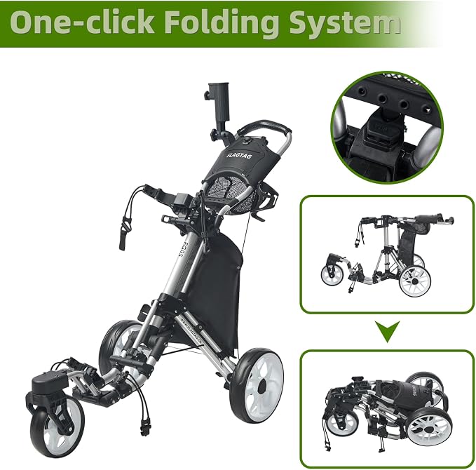 FLAGTAG Golf Push Cart 3 Wheel with 360 Swivel Front Wheel,Lightweight and Foldable Walking Golf Cart，One-Click Foldable,with Foot Brake