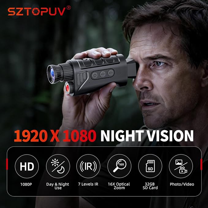 Night Vision Monocular, Portable Night Vision Scope for Outdoor Hunting, Camping, Digital Infrared Night Vision Goggles with 16X Zoom, 1080P Camera & Video Recording, 32GB SD Card Included