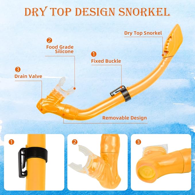 Kids Snorkeling Set - Adjustable Flippers + Panoramic Snorkel Mask + Dry Snorkel Tube + Travel Bags - Suitable for Kids & Juniors, Age 5-14