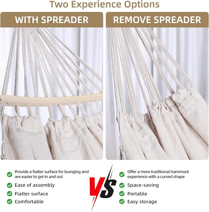Portable Double Hammock, Hanging Hammock with Tassels and Fishtail Knitting, 550LB Capacity, 320GSM Hanging Bed with Set Full Accessories for Outdoor Camping Patio Balcony Beige