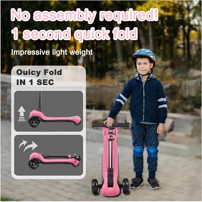 3 Wheel Electric Scooter for Kids Ages 3+, LCD Display, Colorful Lights, Reliable Thumb Throttle, 3 Adjustable Height, 5Mph Safe Speed and Long Range, Foldable Kids Electric Scooter