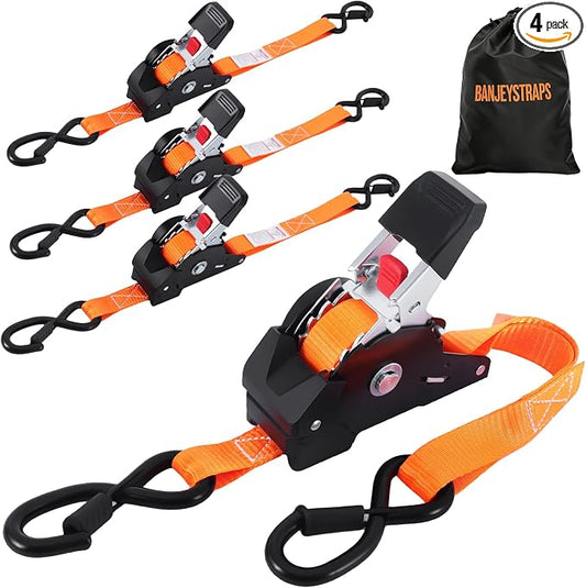 1" x 10' Self Retracting Ratchet Straps (4-Pack) - Orange Heavy Duty Tie Downs with Auto-Retract, 1540lb Break Strength for Truck, Motorcycle, ATV, UTV, Cargo Trailer