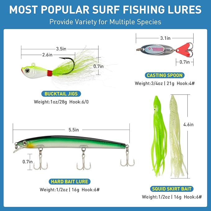 THKFISH Surf Fishing Tackle Kit, Saltwater Gear Set Saltwater Fishing Lures Fishing Bait Rigs Crankbait Spoon Bucktail Jigs Pyramid Sinkers Fishing Hooks Swivels,Perfect Fisherman's Gift