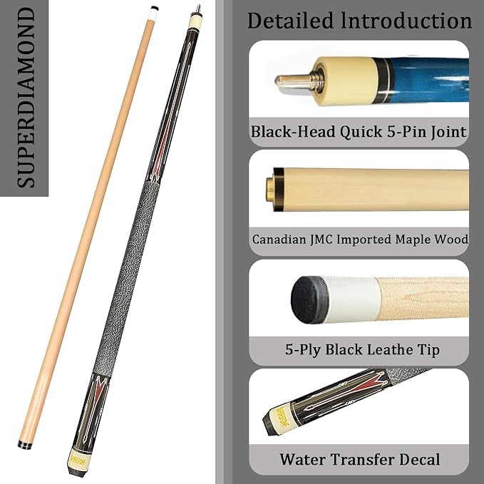 SUPERDIAMOND Pool Cue Stick Set Billiard Cue Sticks with Hard Case, 2-Pieces 58" Pool Table Sticks, 12.5 mm Tip Pool Queue,Pool Stick Set for Home Recreation, Billiards Clubs, Training