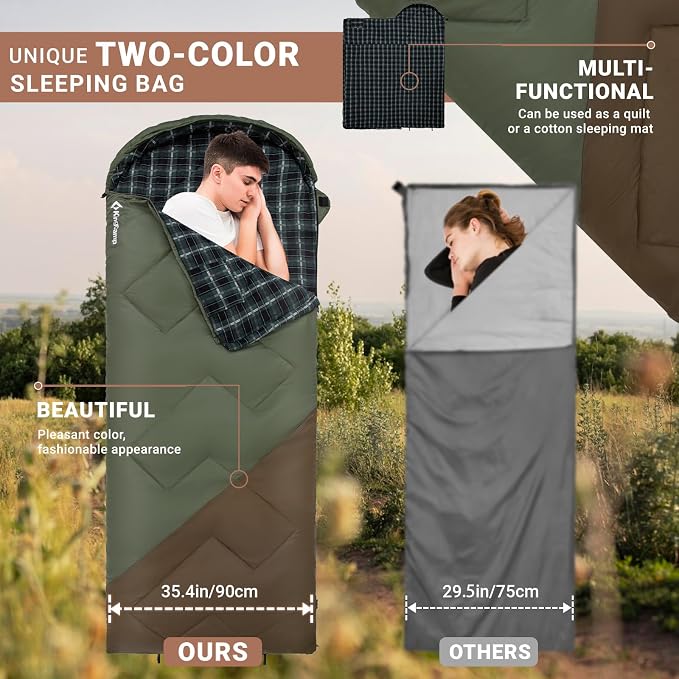 KingCamp Sleeping Bag for Adults, Cold Weather & Warm XL Big and Tall Flannel Sleeping Bags with Compression Sack Portable Waterproof Essentials Gear Accessories for Outdoor Camping