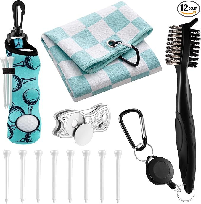 Liliful 12 Pcs Golf Accessories Kit, Include Golf Ball Bag with Hook Towel Tees Magnetic Ball Marker Divot Tool Cleaner Brush for Women Man Gifts