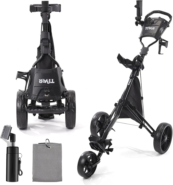 Tivor 3 Wheel Golf Push Cart, Lightweight Push Cart Golf One-Click Folding, Adjustable Height Pushcart for Golf Bags, Compact Design for Ladies, Junior Golfers